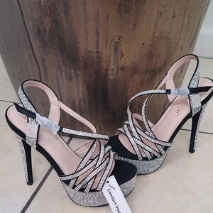 De Blossom Collection Black and Silver Rhinestone Strappy High Heels